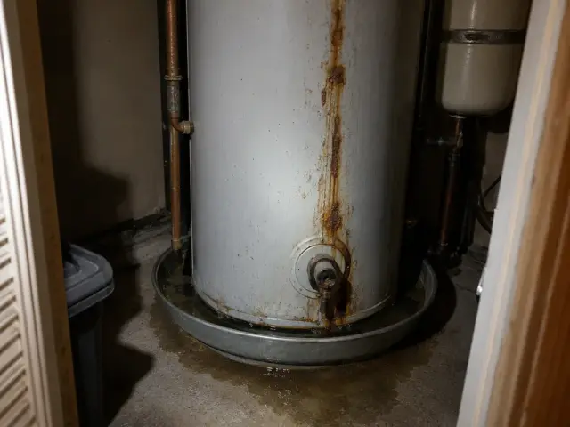 A domestic water heater in a utility cupboard with a rust trail down the tank and a wet ring on the floor around its drip pan